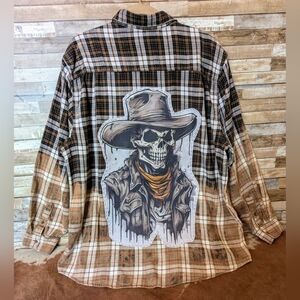 Cowboy Skull Upcycled Dip Dye Bleach Flannel Shirt